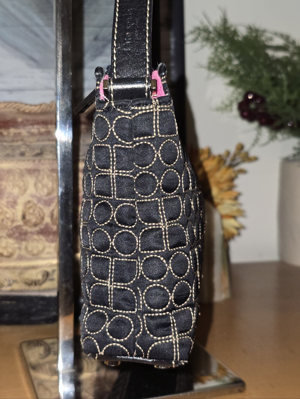 Kate Spade New York Noel Quilted Shoulder Bag Purse Black Pink Suede Lining - Picture 4 of 16
